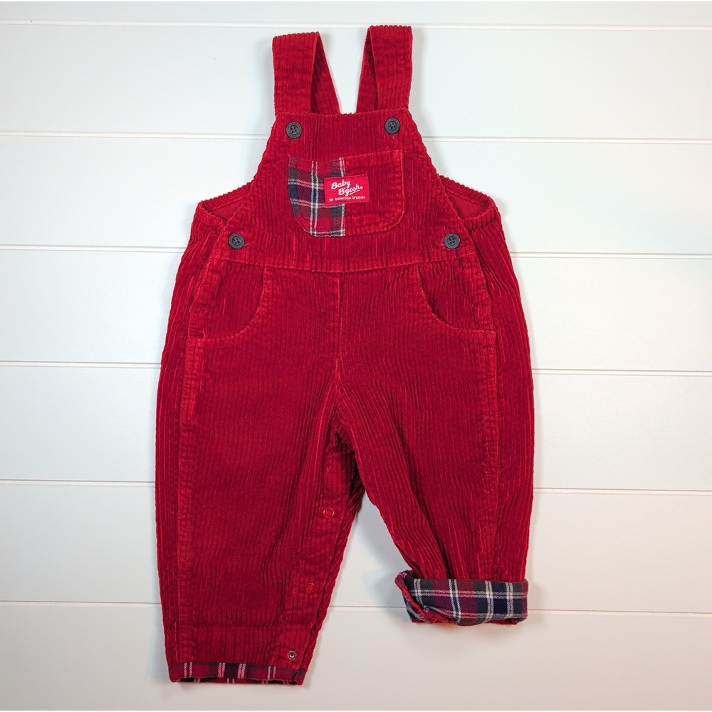 Vintage Baby OshKosh B'gosh Overalls Unisex 12M Red Corduroy Plaid Vestbak